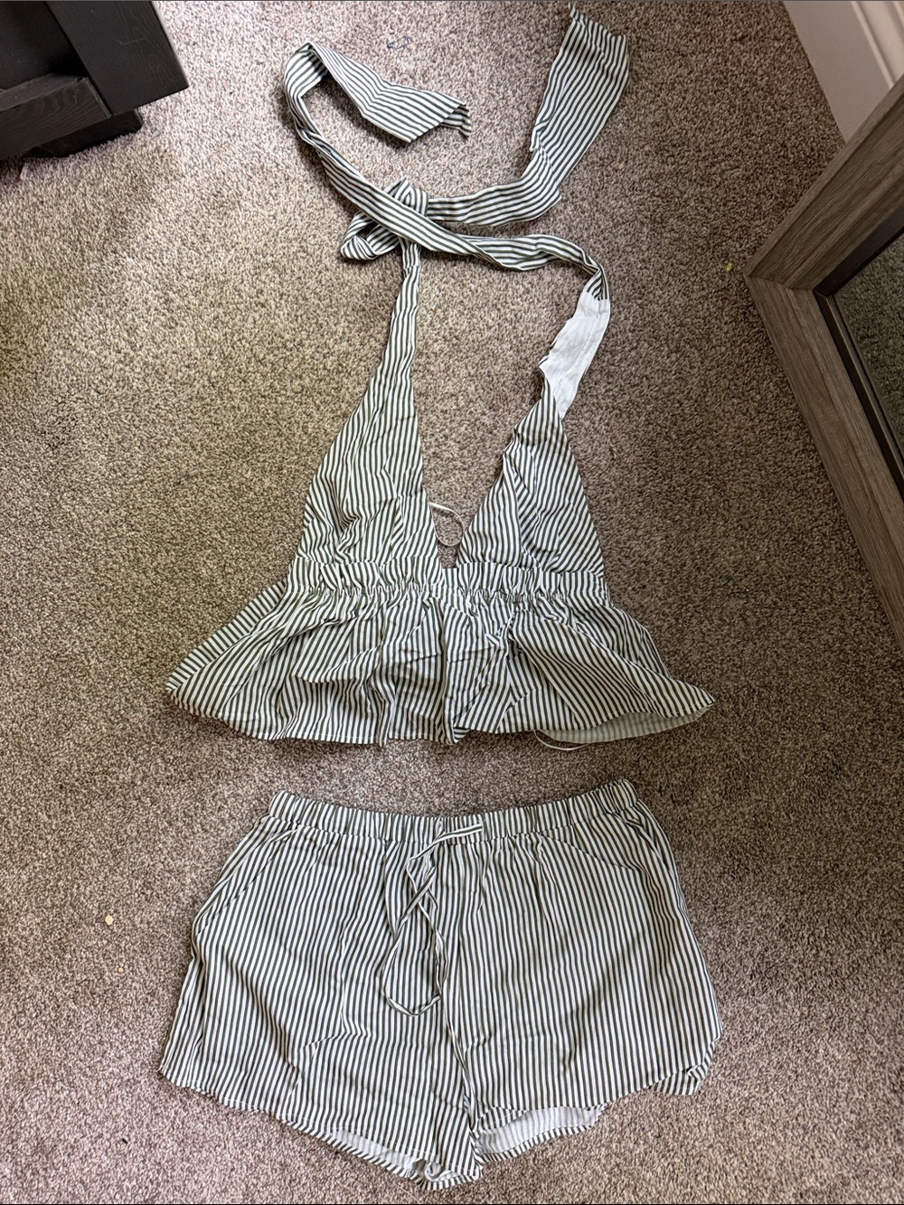 emory park White & Green Striped Halter Tank Top & Shorts Set